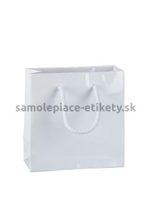 Papierová taška 14x7x14 cm s bavlnenými držadlami, biela lesklá