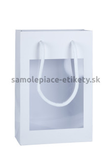 Papierová taška 16x8x24 cm s bavlnenými držadlami, biela s priehľadným plastovým oknom